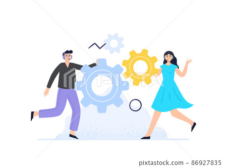 Online assistans fix customer problems. Live chat operators. Customer support department staff, telemarketing agents. Online global technical support 24 7 concept. Vector flat illustration. 86927835