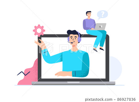 A man chat with to a personal assistant service at the laptop. Customer support department staff, telemarketing agents. Online global technical support 24 7 concept. Vector flat illustration. 86927836