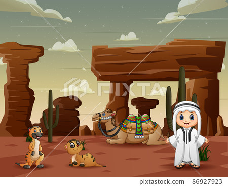 Arabian boy with a camel and meerkats in the desert 86927923