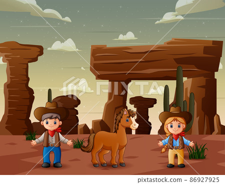 Happy young cowboy and cowgirl with horse in a desert 86927925