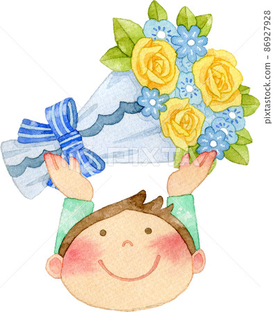 Illustration of a boy with a bouquet of yellow roses 86927928