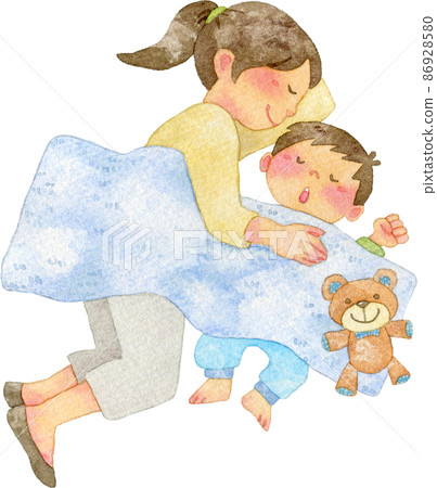 Illustration of a parent and child taking a nap together Illustration of a parent and child taking a nap together 86928580
