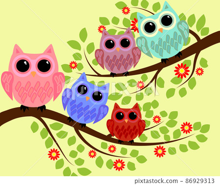 Bright cute cartoon owls sit on the flowering branches of fantastic trees Bright cute cartoon owls sit on the flowering branches of fantastic trees 86929313