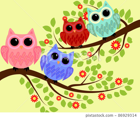 Bright cute cartoon owls sit on the flowering branches of fantastic trees Bright cute cartoon owls sit on the flowering branches of fantastic trees 86929314
