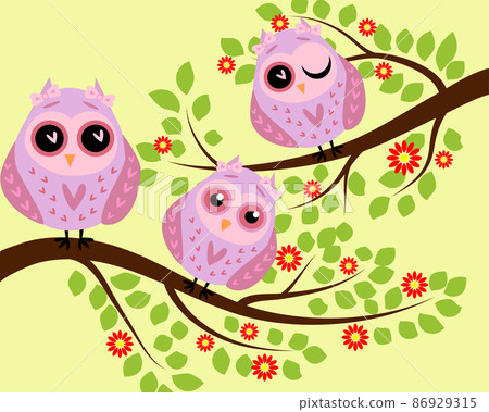 Bright cute cartoon owls sit on the flowering branches of fantastic trees Bright cute cartoon owls sit on the flowering branches of fantastic trees 86929315