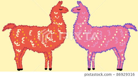 A pair of cute Designer Llama, alpaca of red, pink, with fur, stars and eyes closed A pair of cute Designer Llama, alpaca of red, pink, with fur, stars and eyes closed 86929316