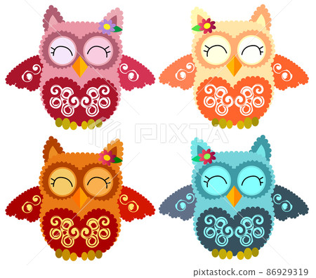 four Nice smiling owls with a lilac flower on the ear and ornament on the heart and wings four Nice smiling owls with a lilac flower on the ear and ornament on the heart and wings 86929319