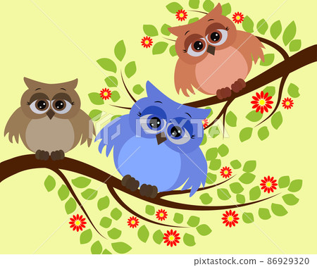 Bright cute cartoon owls sit on the flowering branches of fantastic trees Bright cute cartoon owls sit on the flowering branches of fantastic trees 86929320