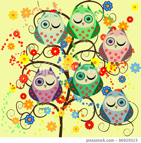 Bright cute cartoon owls sit on the flowering branches of fantastic trees 86929323