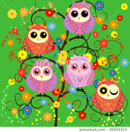 Bright cute cartoon owls sit on the flowering branches of fantastic trees 86929324