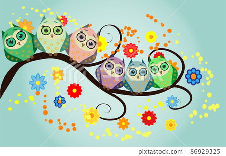 Bright cute cartoon owls sit on the flowering branches of fantastic trees Bright cute cartoon owls sit on the flowering branches of fantastic trees 86929325