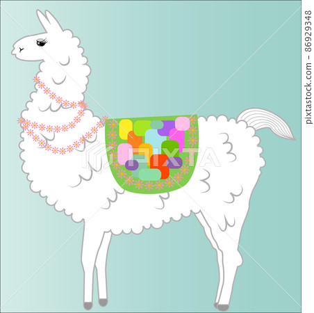 Lama, alpaca of white color, fluffy, with a bright saddle and flowers on a blue background 86929348