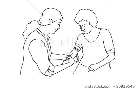 Female doctor collecting and drawing venous blood from the patient's vein. 86929546