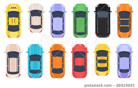 Flat vehicle, auto transport, cars top view. Cartoon taxi, jeep and mini van from above. Modern automobile car. City road traffic vector set 86929893