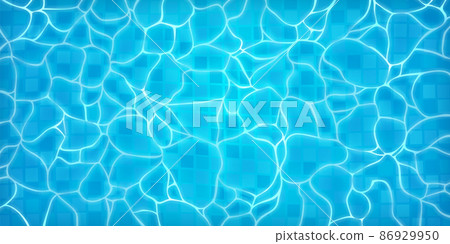 Realistic swimming pool bottom with blue water waves texture. Summer aqua surface with caustics ripples. Spa pool top view vector background Realistic swimming pool bottom with blue water waves texture. Summer aqua surface with caustics ripples. Spa pool top view vector background 86929950
