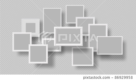 Realistic wall blank floating photo frames mockup. 3d empty picture frame for gallery. White wood borders for art exhibition vector Realistic wall blank floating photo frames mockup. 3d empty picture frame for gallery. White wood borders for art exhibition vector 86929958