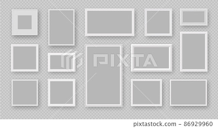 Realistic white square and rectangle empty photo frames. Wall picture, painting or poster frame mockups. 3d modern photoframes vector set Realistic white square and rectangle empty photo frames. Wall picture, painting or poster frame mockups. 3d modern photoframes vector set 86929960