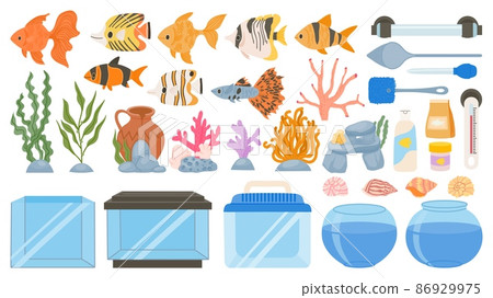 Cartoon aquarium fish, food, decoration, tank, tools and equipment. Underwater seaweeds, corals and seashells. Aquarium accessory vector set 86929975