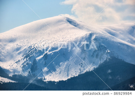 Winter landscape with high mountain hills covered with evergreen pine forest after heavy snowfall on cold wintry day. 86929984