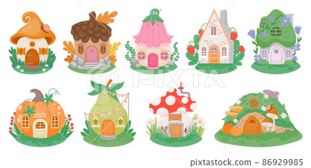 Cartoon little fantasy houses for fairies, elves, gnomes or dwarfs. Mushroom, pumpkin and flower cute fairytale homes in forest vector set 86929985