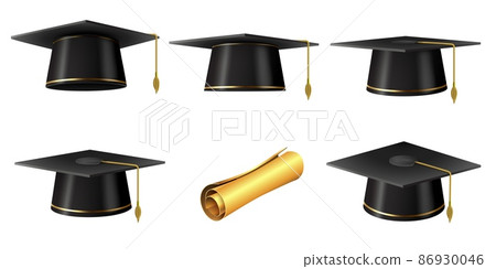 Realistic university graduation academic black cap for students. School degree diploma scroll. Mortarboard hat with golden tassel vector set 86930046