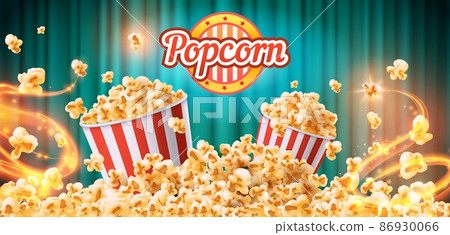 Crunchy popcorn snack ad poster with striped buckets and grains. Sweet or salt cinema food commercial. Flying tasty popcorn vector banner 86930066