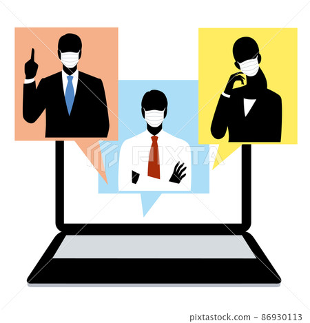 Masked men and women talking online 86930113