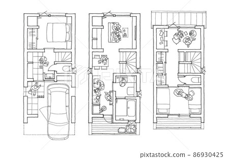 一樓車庫二樓帶客廳的三層房子平面圖（黑白） 86930425