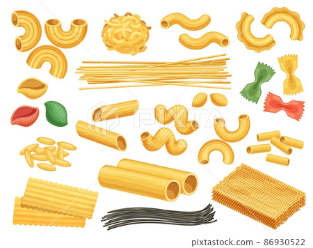 Cartoon wheat pasta products, noodles, fettuccine and black spaghetti. Italian cuisine dough food, conchiglie, spiral, penne type vector set 86930522