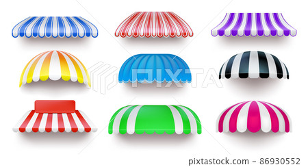 Store, shop or cafe front striped sunshade awning. Realistic market summer outdoor canopy. Restaurant facade shelter, tent roof vector set Store, shop or cafe front striped sunshade awning. Realistic market summer outdoor canopy. Restaurant facade shelter, tent roof vector set 86930552