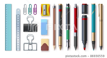 Realistic office stationery, writing tools, paper clips, and ruler. Pen, pencil, marker, sharpener and eraser. 3d school supplies vector set 86930559