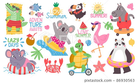 Cartoon kid animal summer vacation activity at beach. Koala surfer, flamingo and elephant swim on inflatable ring. Tropical party vector set Cartoon kid animal summer vacation activity at beach. Koala surfer, flamingo and elephant swim on inflatable ring. Tropical party vector set 86930563