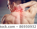 Injured neck. Young handsome muscular athlete having neck pain 86930932