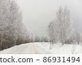 Russian rural road covered with white snow. 86931494