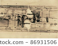 The plane stands next to the passenger boarding sleeve. 86931506