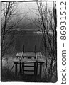 A broken small wooden pier on a forest lake. 86931512