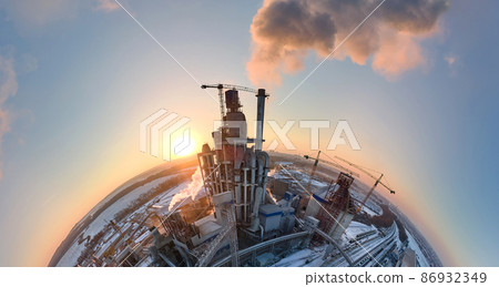 Aerial view from high altitude of little planet earth with cement factory tower with high concrete plant structure at industrial production area at sunset. Manufacturing and global industry concept Aerial view from high altitude of little planet earth with cement factory tower with high concrete plant structure at industrial production area at sunset. Manufacturing and global industry concept 86932349