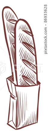 Baguette in paper bag. French bread in hand drawn - Stock Illustration ...