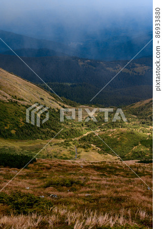Overcast autumn Carpathians, picturesque mountain landscapes, Carpathian Ukrainian National Park. Overcast autumn Carpathians, picturesque mountain landscapes, Carpathian Ukrainian National Park. 86933880