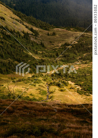Overcast autumn Carpathians, picturesque mountain landscapes, Carpathian Ukrainian National Park. Overcast autumn Carpathians, picturesque mountain landscapes, Carpathian Ukrainian National Park. 86933882