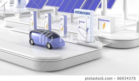 Hydrogen and electric charger station with modern future car. Ecological energy for vehicles with zero emissions, H2 fuel plant. Green sustainable power with solar panels and battery bank, 3d render Hydrogen and electric charger station with modern future car. Ecological energy for vehicles with zero emissions, H2 fuel plant. Green sustainable power with solar panels and battery bank, 3d render 86934378