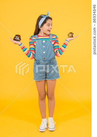 Girl happy excited delicious cupcakes, enjoy dessert concept 86934846