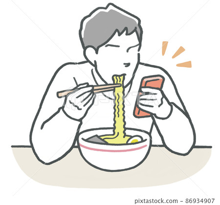A man eating bowl ramen while checking his smartphone 86934907