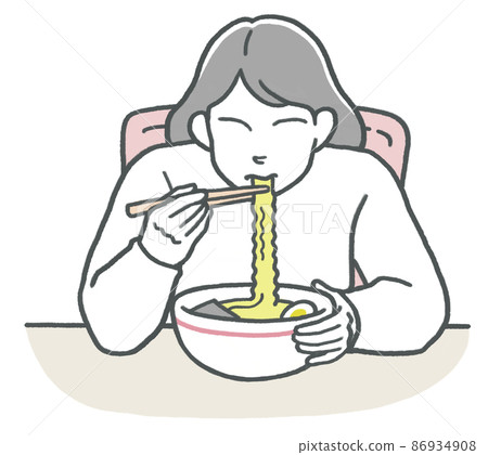 A woman who silently eats rice bowl ramen alone 86934908
