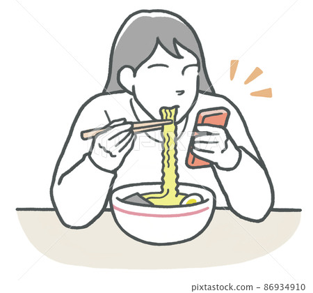 A woman eating bowl ramen while checking her smartphone 86934910