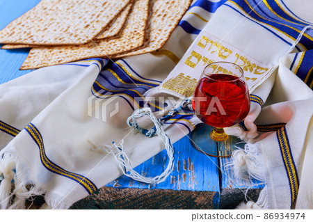 Matza and cup kosher wine on passover with Judaism tradishional religious jewish holiday 86934974