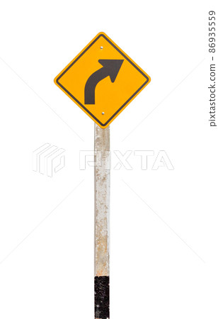 warning right curve road sign isolated on white background. 86935559