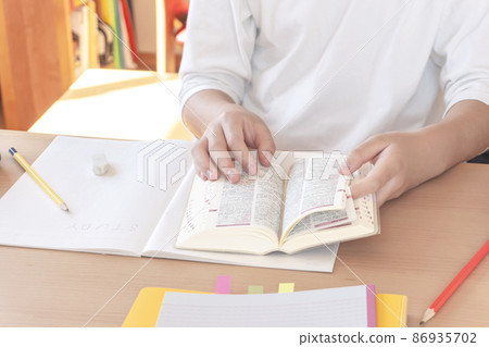 Learning English. Students using an English dictionary at home. Learning English. Students using an English dictionary at home. 86935702