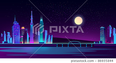 Vector background with night city in neon lights - Stock Illustration ...