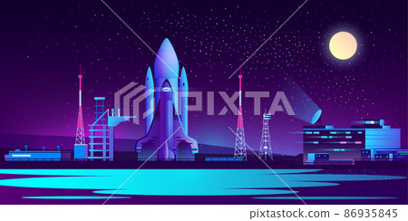 Vector spaceport, base at night with rocket Vector spaceport, base at night with rocket 86935845